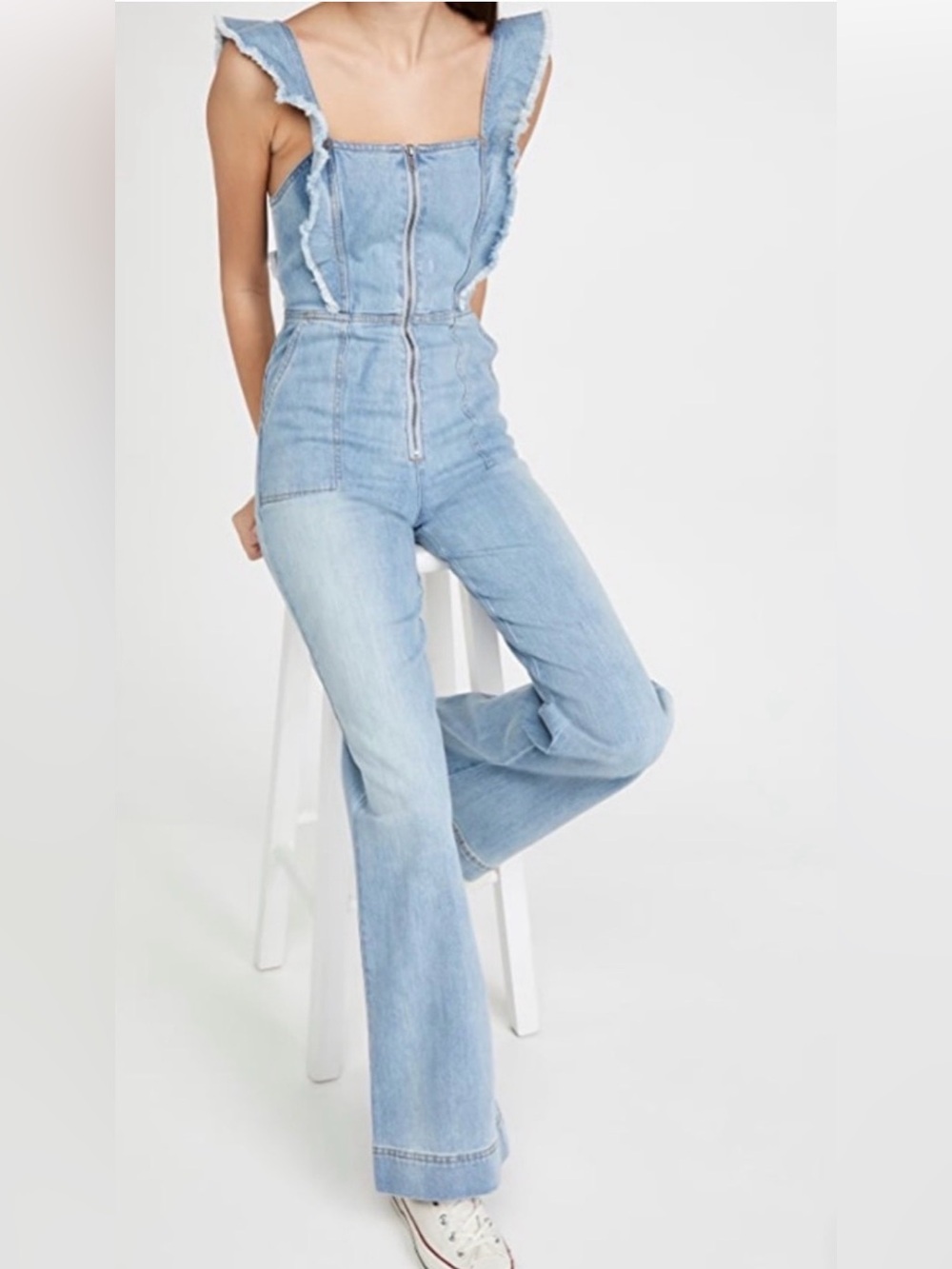 Alice + Olivia Jeans denim ruffle wide leg overhaul jumpsuit